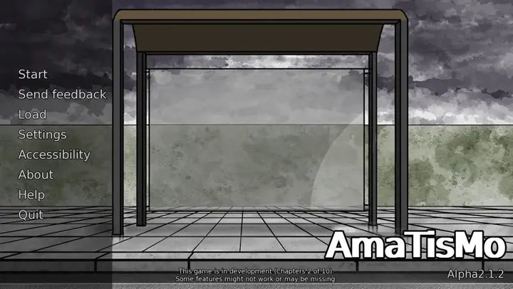 AmaTisMo main menu screen at a bus stop shelter, with options: Start, Send feedback, Load, Settings, Accessibility, About, Help and Quit